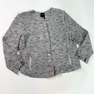 Nic + Zoe Blazer Jacket Womens 1X Black White Tweed Snap Front Fringe Hem